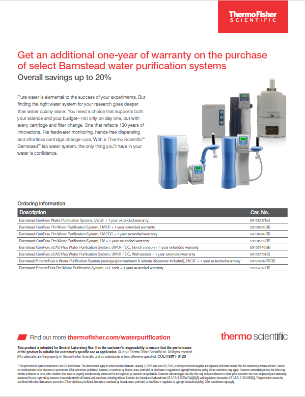 Get an additional one-year of warranty on select Barnstead water purification systems