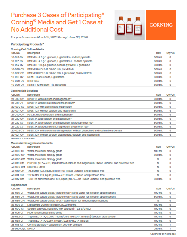 Buy 3 cases, get 1 FREE. Stock up on high-purity reagents, including: Cell Culture Media, Salt Solutions, Molecular Biology products, Supplements, and more.