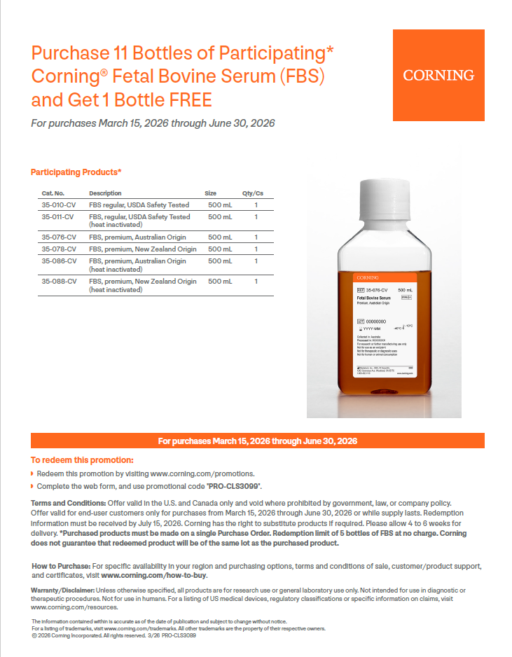 Get 1 FREE! Maximize your budget with premium Fetal Bovine Serum. Buy 11 bottles and get 1 bottle FREE.