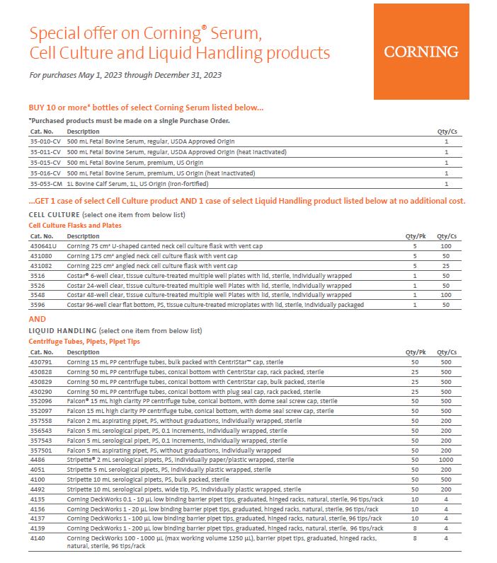 Buy 10+ Bottles of select Serum, Get 1 Case Cell Culture Product and 1 Case Liquid Handling Product Free