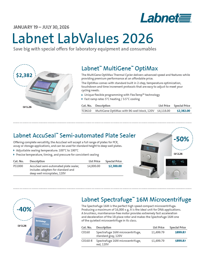Big savings! AccuSealâ„¢ Plate Sealer 50% OFF, Spectrafugeâ„¢ 16M 40% OFFâ€”plus more deals on pipet controllers and electronic pipettors!