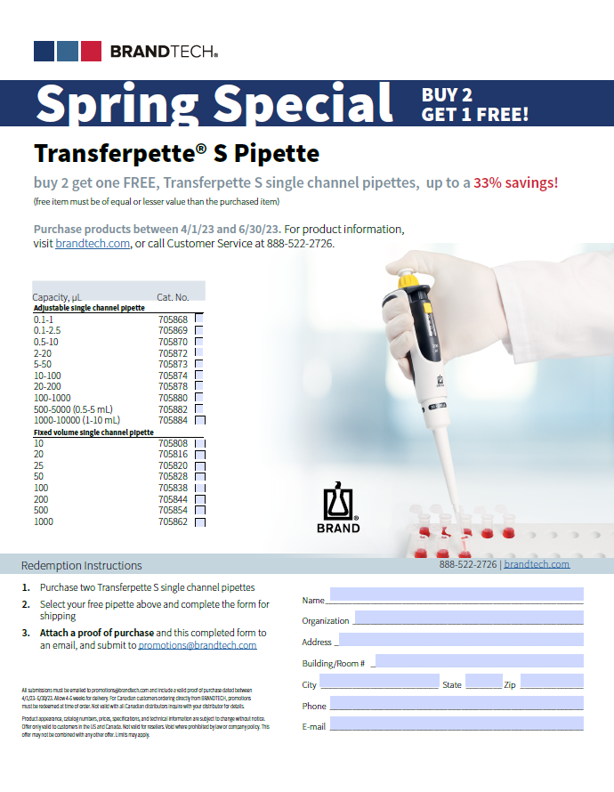 BrandTech Scientific | Buy 2, Get 1 Free Transferpette S Single Channel Pipettes | Promotion