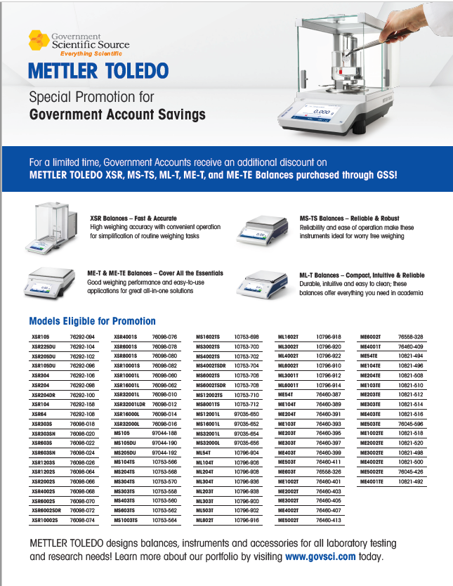 Mettler Toledo | Receive an additional discount on
balances purchased through GSS! | Promotion